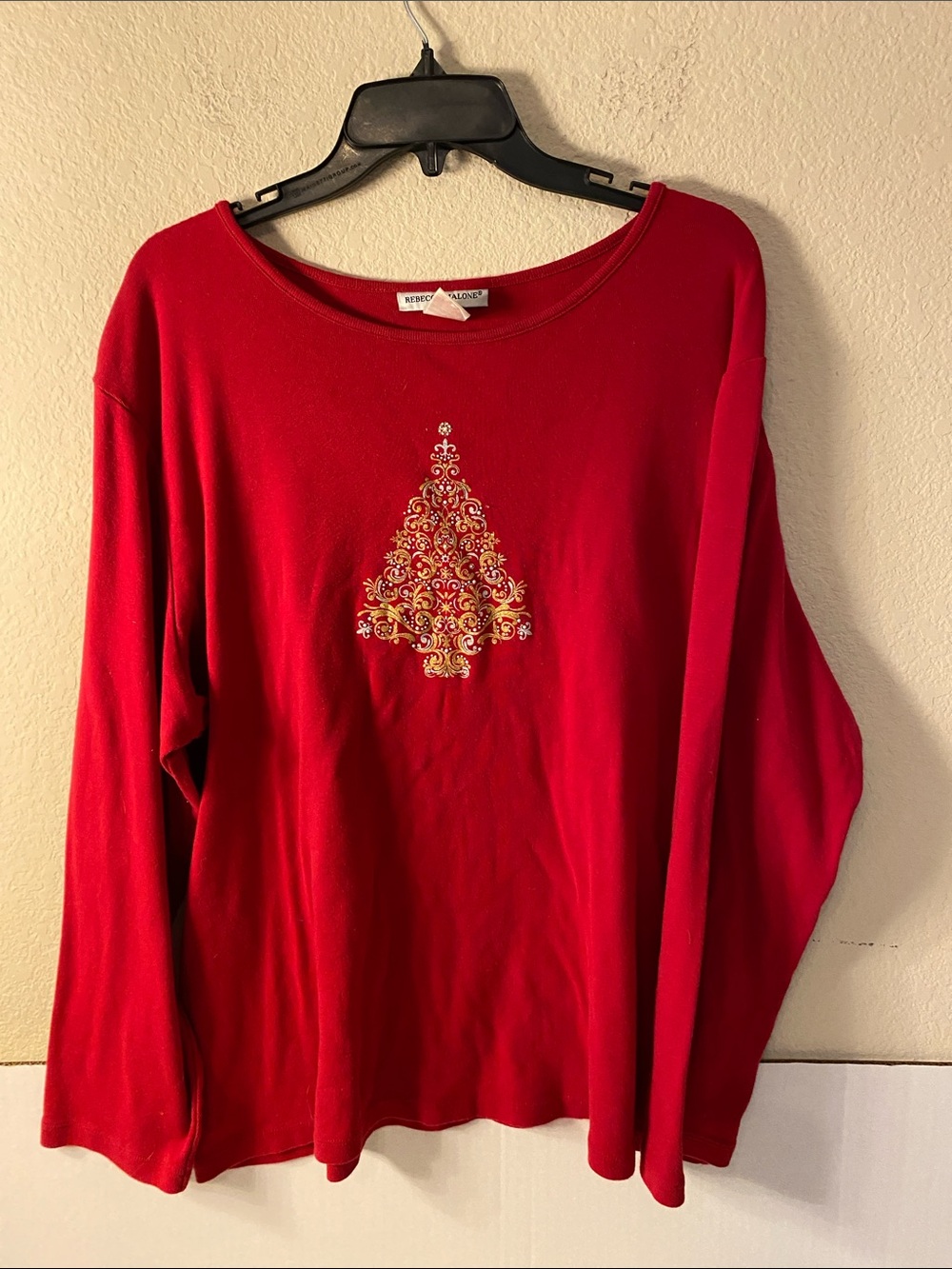 Rebecca Malone Red Sweatshirt with Gold Embroidered Tree Motif